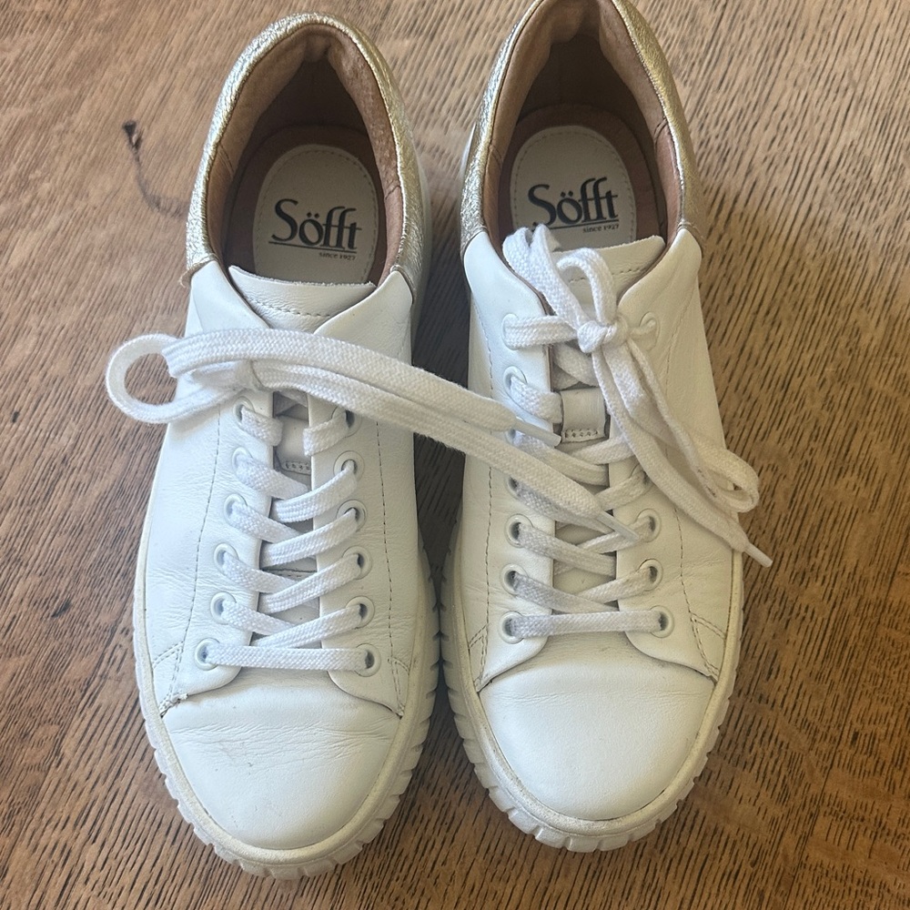 White Leather Low-Top Sneaker with Gold Accent